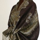 Metallic Paisley Pashmina Style Shawl - Chocolate Brown