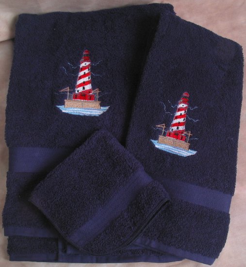 Embroidered White Shoal LIGHTHOUSE Wash Hand Bath Towels Set