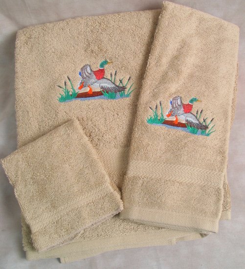 Embroidered Mallard DUCK Beige Wash Hand Bath Towels Set