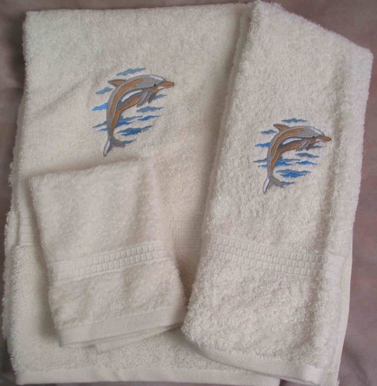 Embroidered Dolphin On Cream Wash Hand Bath Towel Set