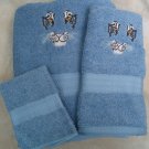 Embroidered Tiger Face on Blue Bath Towel Set