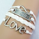 Infinity Wish, Faith & Love Bracelet, White Wax Cords and Braided Leather