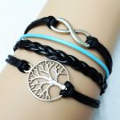Antique Silver Infinity Bracelet - Life Tree Bracelet Black Leather Bracelet