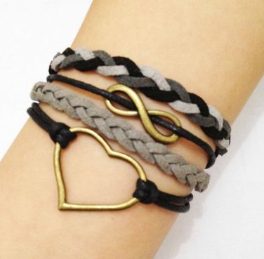 Infinity & Heart Bracelet--Antique Bronze Bracelet--Black and White