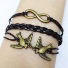 Bronze Birds & Infinity wish Bracelet ,Black Leather Bracelet