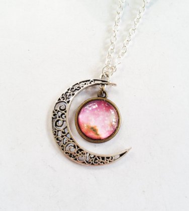 Moon Necklace, Silver Hollow Star Galactic Cosmic Moon Necklace