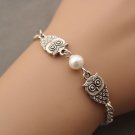 Owl bracelet,antique silver owl and preal pendant,alloy chain