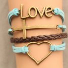 Love bracelet &cross bracelet ,antique bronze pendant,blue rope