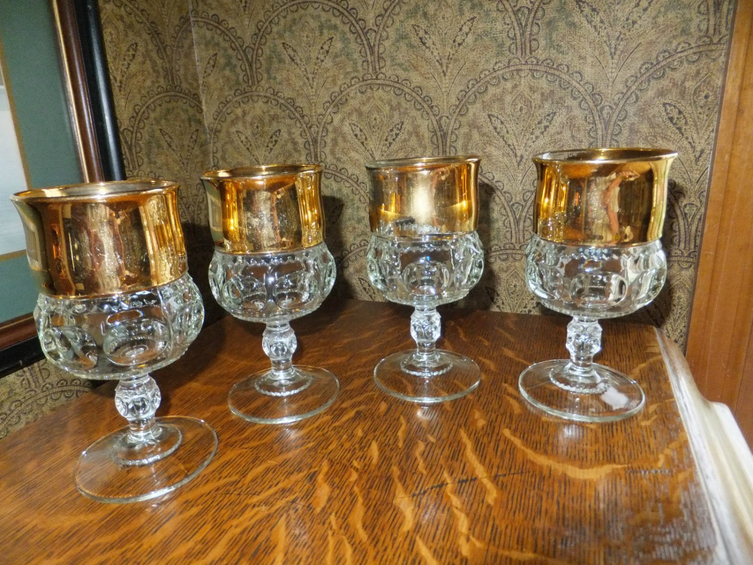4 Vintage Kings Crown Gold Flash Indiana Glass Tiffin Goblets