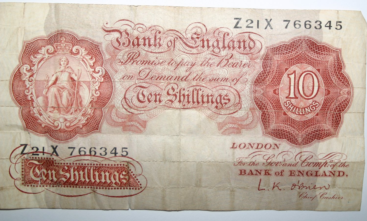 Banknote Bank Of England 10 Shillings 1955 Signed By L. K. O'Brien.