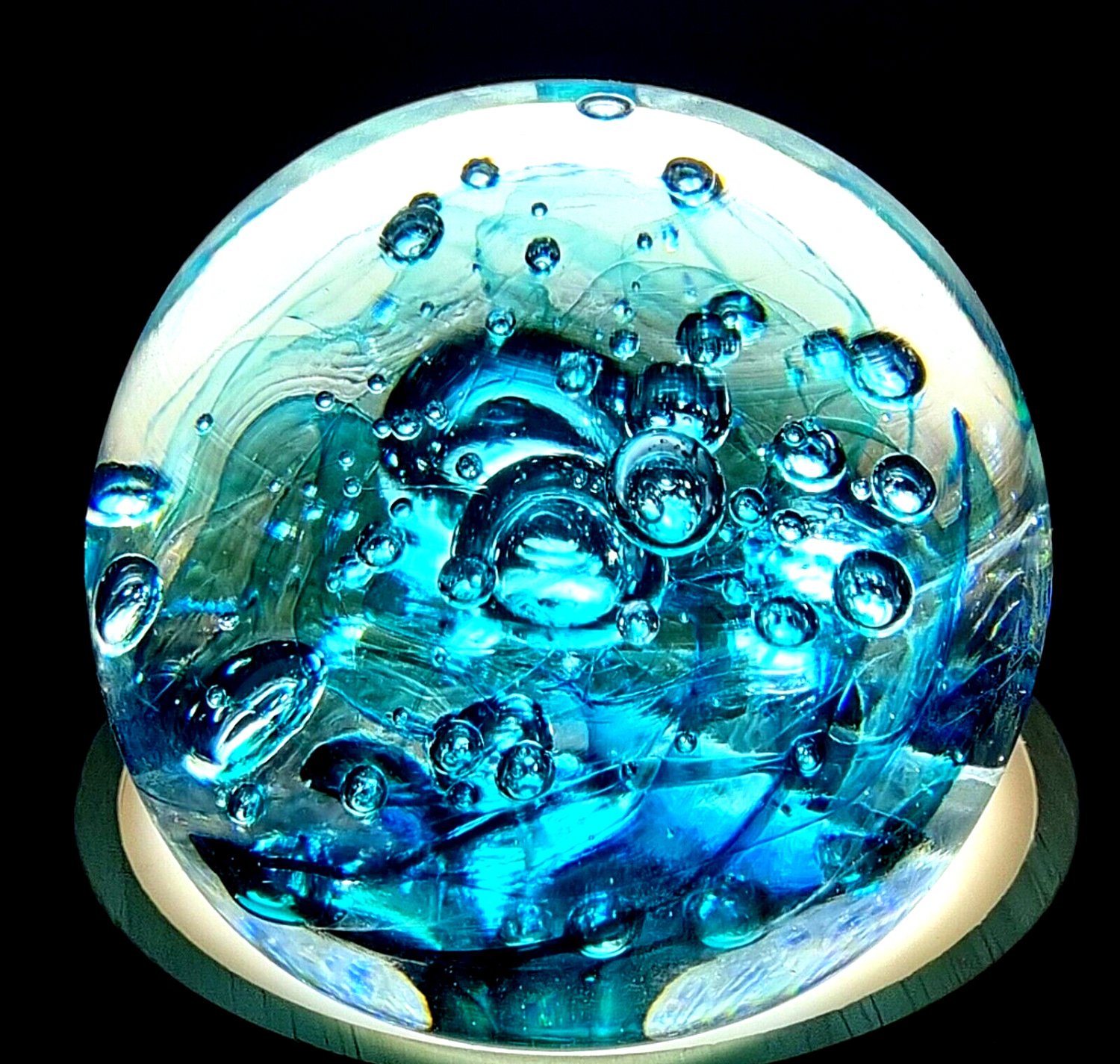 MURANO GLASS PAPERWEIGHT Blue Magnum Bubbles Pontil Mark 1980 VINTAGE