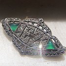 GENUINE ART DECO SOLID STERLING SILVER & MARCASITE BROOCH W GREEN GLASS INITIALS