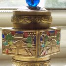ANTIQUE BRASS & ENAMEL CHINESE GINGER JAR W COBALT BLUE GLASS TOPPER