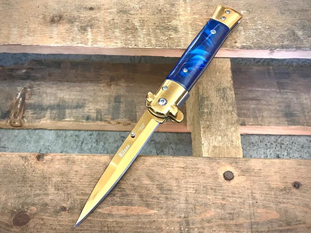 9" Tactical Gold Blue Spring Assisted Open Blade Folding EDC Pocket Knife
