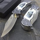 7.25" ARCTIC WOLF HEAD FOLDING POCKET KNIFE w/ COLLECTOR'S DISPLAY CASE Fantasy