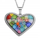 Multi Color Murano Style Millefiori Glass Steel Heart Chain Pendant 20''
