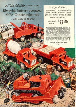 1960s Vintage Road Construction Trucks & Other Battery Operated Toys Print Ad Pg