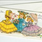 Unused Vintage Get Well Greeting Card~Victorian Girls~Glitter~Parasol~Present