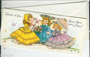 Unused Vintage Get Well Greeting Card~Victorian Girls~Glitter~Parasol~Present