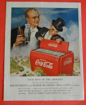 50s Dummy Charlie McCarthy Edgar Bergen CBS Red Coca Cola Bottle Cooler Print Ad