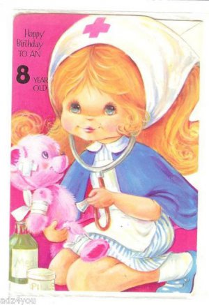 Nurse w/Stethescope/Teddy Bear Vintage Birthday Greeting Card for 8 Year Old