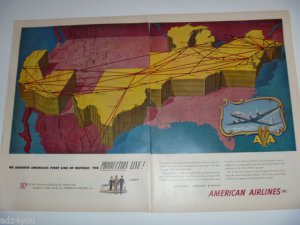 50s American Airlines Transportation US Air Travel Flagships Route Map Ad~1951