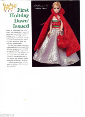 2001 First Ever Holiday Dawn doll in Red Satin Hooded Cape Magazine Ad/Article