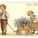 Old UNUSED Embossed Birthday Postcard~Boy Pulling Wagon Cart~Girl~Blue Flowers