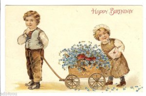 Old UNUSED Embossed Birthday Postcard~Boy Pulling Wagon Cart~Girl~Blue Flowers