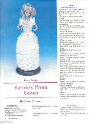 Pattern/Instructions to Crochet Prom Gown for Barbie Etc 11-1/2" Fashion Doll
