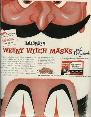 1955 Halloween Weeny Witch Masks Print Ad for Skinless Franks/Visking Corp.~50s