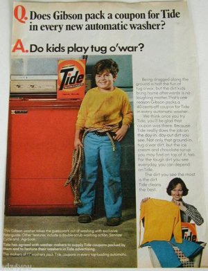 1976 TIDE Soap/Gibson Automatic Washer Ad~Kids play Tug o'War? Cute Boy w/ Rope