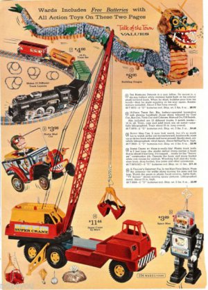 1960s Bubbling Dragon,Nutty Mad Car,Space Man Robot,Marx Super Crane Toy Ad Page