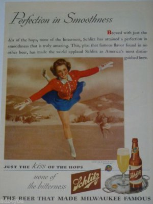 1943 Schlitz Brewing Co Milwaukee Wi Beer Ad~Ice Skaters Skating Rink Theme