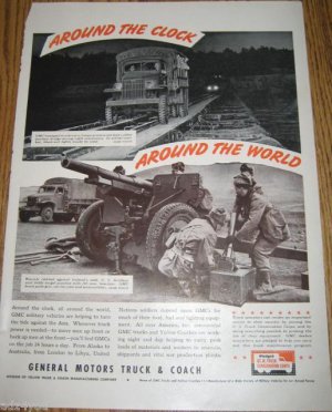 1942 WWII Wartime GMC Trucks Ad Page~U.S.Artillery unit~Iceland~105 mm Howitzer