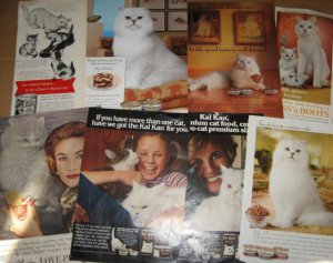 8 Cat Ads~Ad Lot Picturing White Cats~Puss'N Boots,Fancy Feast,Kal Kan,Revlon