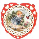 Vintage Whitney Made Valentine~Cute Girl with Butterfly Net,Turtle in Red Heart