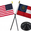Georgia Constitution State Flag With U.S. Flag 4"x6" Inch Desk Table Stick plus 2 hole Flag Holder