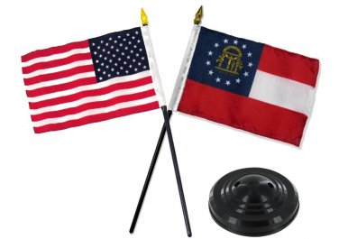 Georgia Constitution State Flag With U.S. Flag 4"x6" Inch Desk Table Stick plus 2 hole Flag Holder