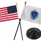 4x6 Inch Massachusetts Stick Flag and U.S. Stick Flag With Holder