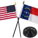 4"x6" Inch North Carolina Stick Flag and U.S. Stick Flag With Holder