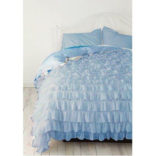 SKY BLUE Chiffon RUFFLE BedSpread QUEEN SIZE with Ruffle Pillow Shams