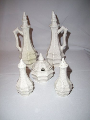 Vintage 7pc SET Ceramic Black Speckels Oil Vinegar Sugar Bowl Salt Pepper *RARE