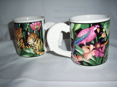 2 Vitromaster rain forest mugs coffee cup tigers parrot 1993