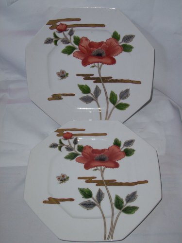 Fitz and Floyd Fleur et Nuages Dinner Plate 10" Octagon Shape x 2 Red Flower
