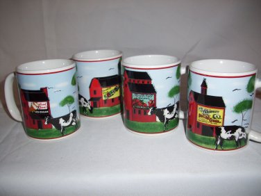 4 Coffee Cups Farmer Red Barn Dairy Milk Cows Mugs