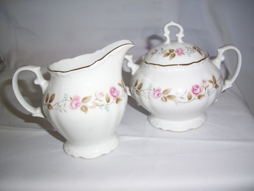 BRISTOL FINE CHINA SUGAR BOWL & CREAMER SPRING GARDEN JAPAN PINK ROSES ...