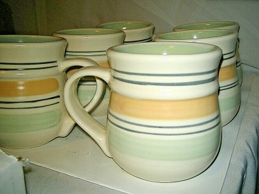 6-pc Pfaltzgraff Key Largo Coffee Cups Mugs Green Yellow Stripe Mexico Excellent