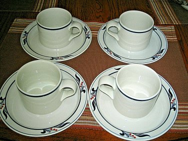 8-pc Dansk Bistro MARIBO Cup & Saucers Set Blue Red Flower Excellent