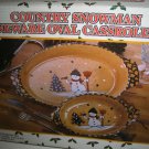Christmas Country Snowman Stoneware Oval Casserole 2-pc Set Green Sponge